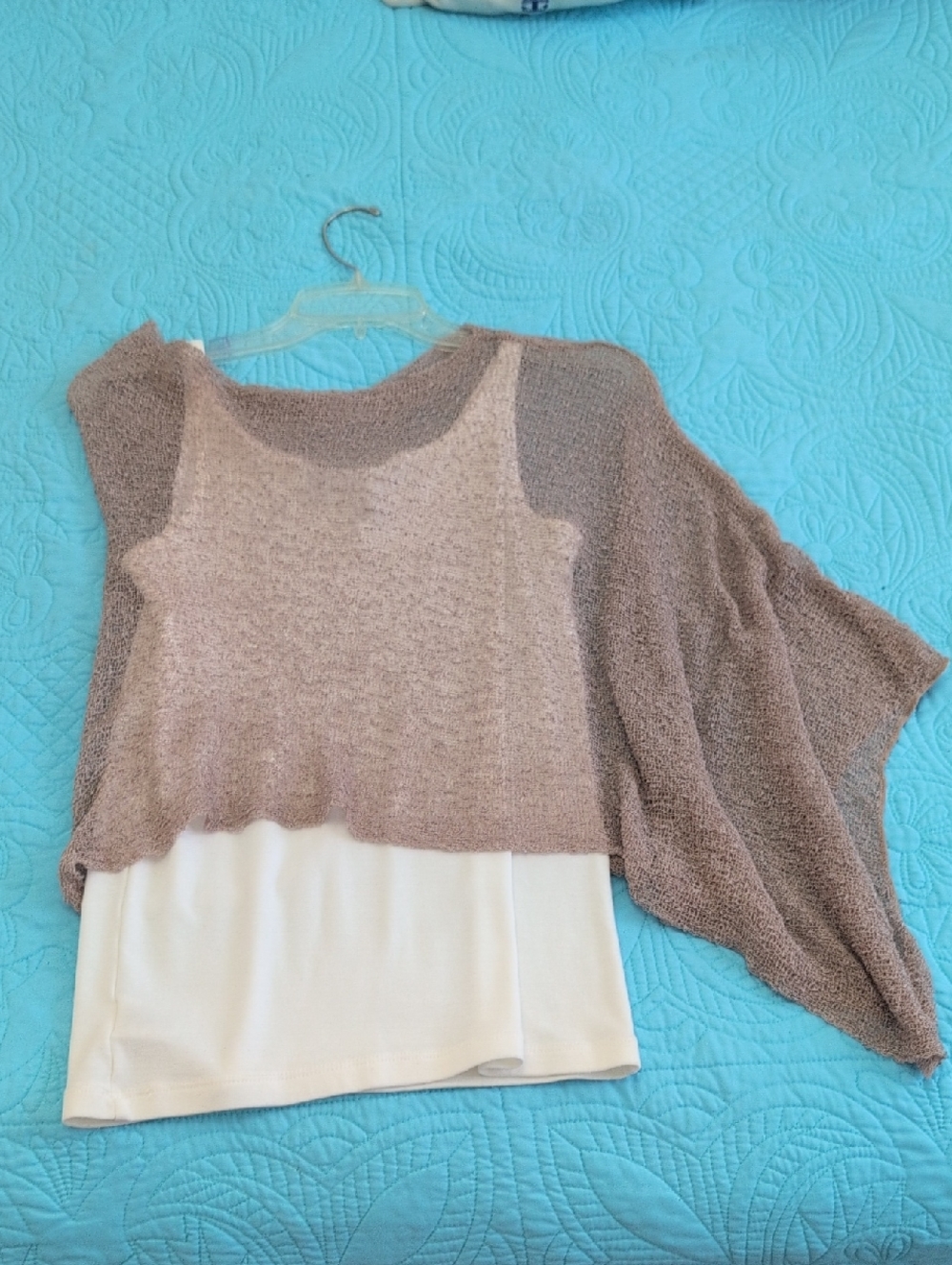 Asymmetric Taupe Knit Shrug Shawl  Poncho - Women One Size Boho Summer - Picture 11 of 12